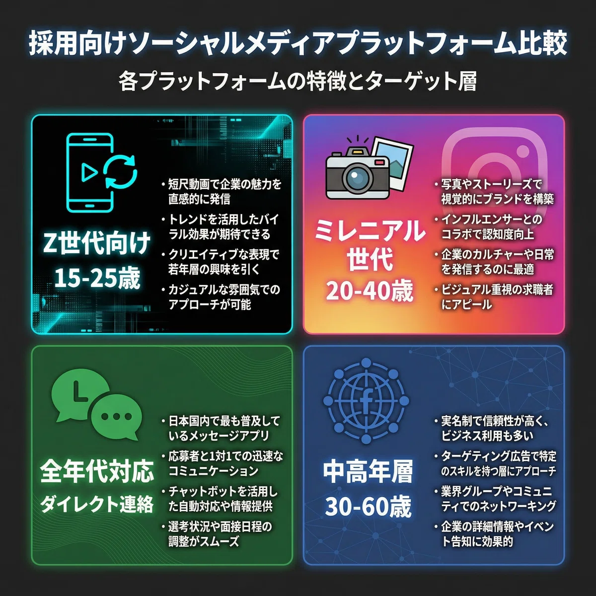 採用向けソーシャルメディアプラットフォーム比較 - TikTok、Instagram、LINE、Facebookの特徴とターゲット層